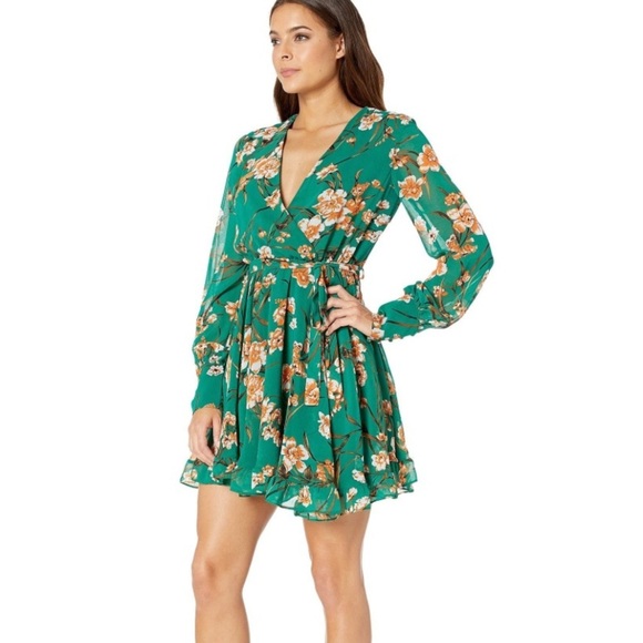 Bardot Becky dress Mini faux Wrap Dress in Orange Floral medium lined NEW - Picture 1 of 8